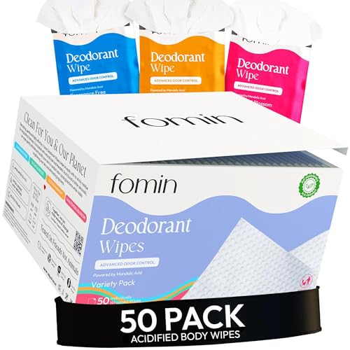 FOMIN Mini Deodorant Wipes - 50 Count, pH Balanced, Biodegradable