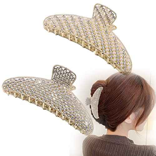 2 Pack Large Rhinestone Hair Clips, Crystal Pearl Hair Claw Clips, Black Gold Jumbo Jaw Clip, Nonslip Hair Claw for Thick Long Hair, Fashion Hair Clamp Accessories for Women Girls
