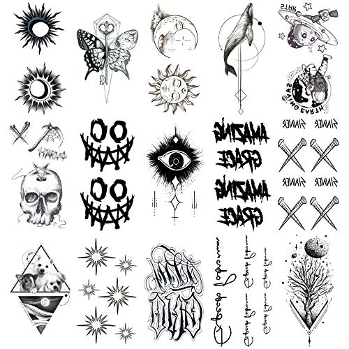 15 Sheets Waterproof Temporary Tattoo Stickers Tiny Cute Halloween Skull Whale Eye Bone Face Words Sun Moon Totem Arm Hand Pattern Perfect for Parties, Events and More