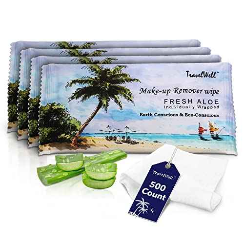Travel Well Makeup Remover Wipes - 500 Count, Individually Wrapped - Natural Aloe Non-Woven Facial Wipes - Bulk Travel Essentials & Hotel Toiletries