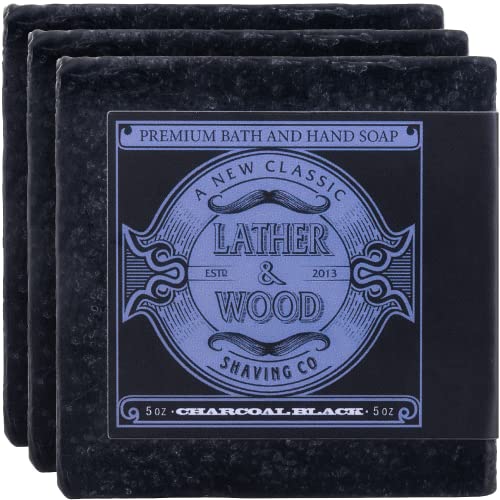 Lather & Wood Bar Soap for Men - Charcoal Black - (3) 5oz Man Soap Bars for Bath, Body, and Hands - Natural and Organic Ingredients - 3 Pack