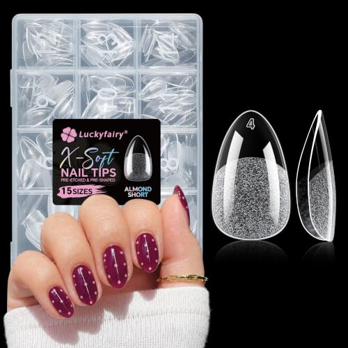 Luckyfairy X-Soft Short Almond Nail Tips 270pcs, 15 Sizes – Clear Gel Nail Tips
