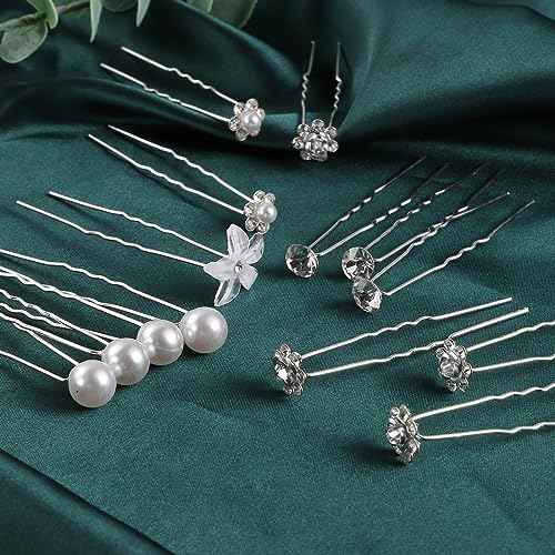 48 Pack 5 Styles Wedding Bridal Hair Pins Hair Accessories Gift, Prom Pearl Rhinestone Hair Pins Crystal Flower Hair Clips Hair Jewelry for Brides Women