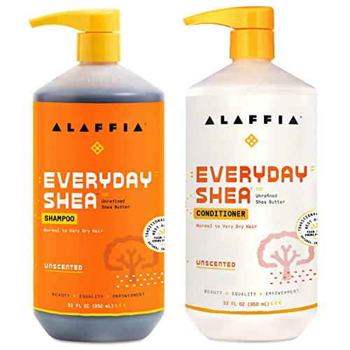 Alaffia EveryDay Shea Shampoo and Conditioner - Normal to Very Dry Hair, Gently Cleanses, Moisturizes, Restores and Protects Hair with Certified Fair Trade Unrefined Shea Butter, Unscented, 32 Oz Each