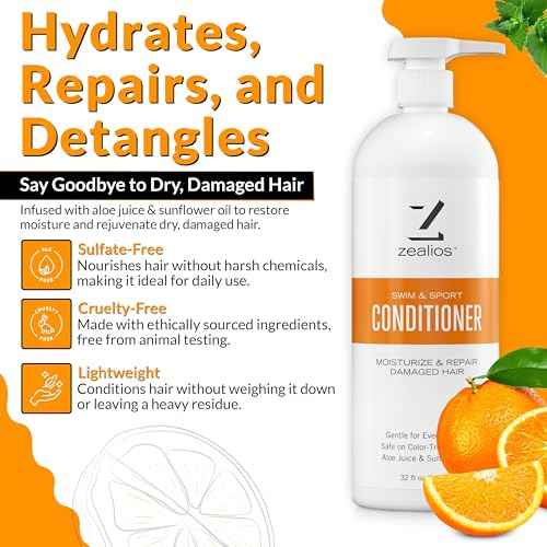 Zealios Swim & Sport Conditioner 32 Oz - Sulfate-Free Moisturizing Hair Conditioner, Hair Treatment for Swimmers & Athletes, Chlorine Removal, Hydrating, Vegan, Protects Color Treated Hair
