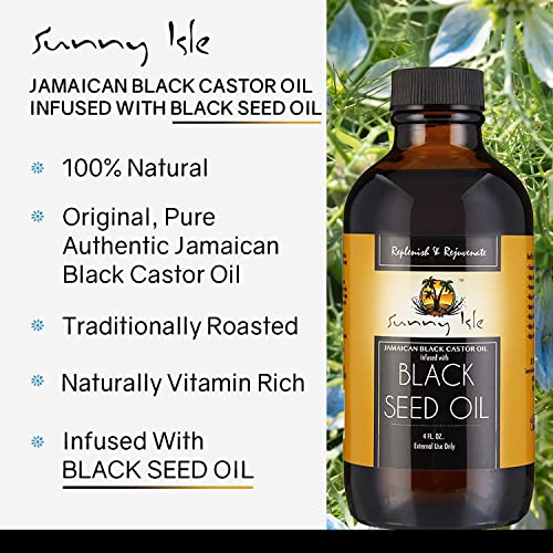 Sunny Isle Jamaican Black Castor Oil Infused with Black Seed Oil 4oz | Moisturizing to Dull Damaged Hair and Rough Skin | Pre-Shampoo Hot Oil Treatment | Wellness Body Massage Oil