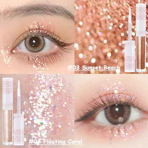 6Pcs Liquid Glitter Eyeshadow Eyeliner, Korean Makeup, Bling Under Eye Shadow, Shimmer Eye Make Up Valentine's Gift Set,Long Lasting,Quick Drying & Pigmented Loose Glitter Glue for Crystals Makeup