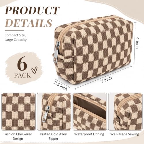 SOIDRAM Checkered Makeup Bag Preppy Cosmetic Bulk Brown Pouch