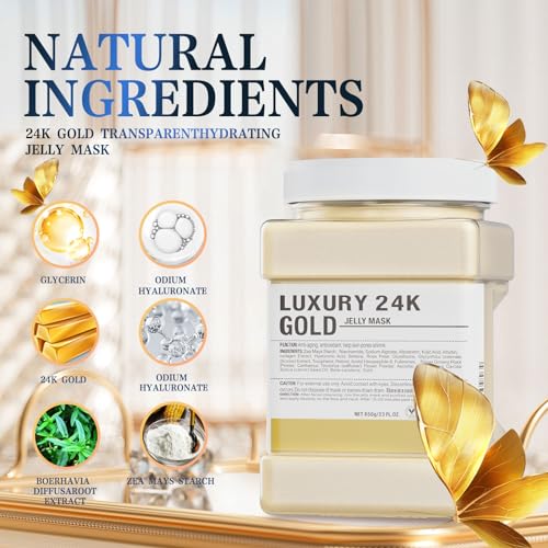 Truvenum Jelly Mask Powder for Facials,24K Gold Anti-Aging & Firming Jelly Face Mask Hydrating Brighten Professional Peel Off Hydro Face Mask Powder DIY Spa Salon 23 Fl Oz Jar