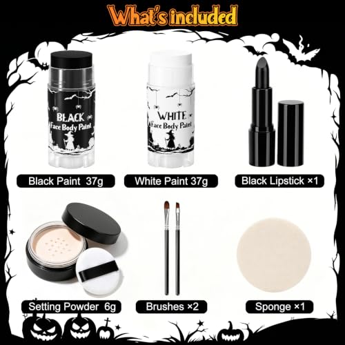 Black & White Halloween Makeup Kit - Face Paint, Lipstick & Setting Powder