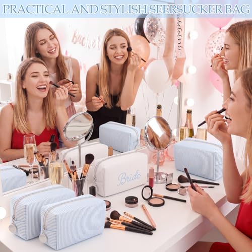 8-Piece Bridesmaid Makeup Bags Set | Seersucker Cosmetic Pouch Bulk