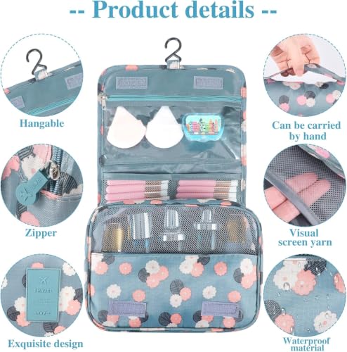 Pengxiaomei Blue Hanging Toiletry Bag for Women, Portable Cosmetic Organizer