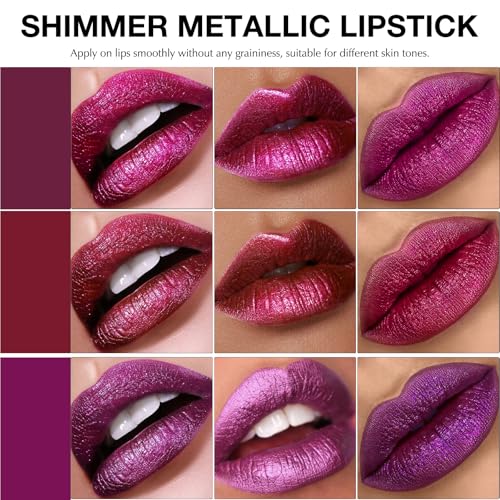 3-Piece Metallic Lipstick Set - Burgundy Wine Shimmer