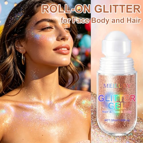Meilury 2PCS Champagne Roll-On Body Glitter Gel - Holographic Chameleon Sequins for Face, Hair & Body