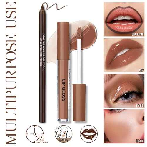 Nourishing Lip Gloss with Brown Lip Liner Lip Combo Set, Moisturizing High Shine Nude Lip Glow Oil Fresh Lightweight Glossy Plumping Lip Gloss for Women Long Wear Mini Liquid Lipstick Makeup#8