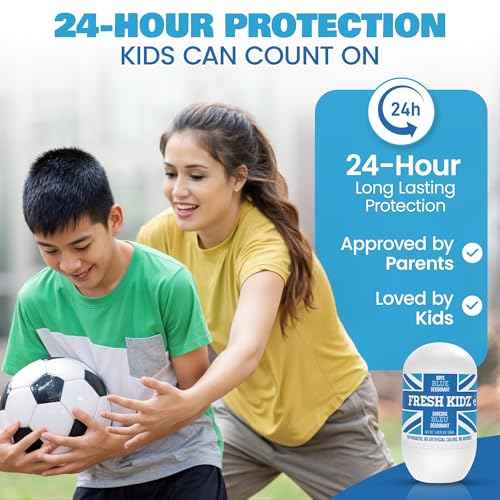 Fresh Kidz Roll On Deodorant for Kids and Teens - Baking Soda and Aluminum-free 24 Hour Protection for Sensitive Skin - Boys "Blue" 1.86 fl.oz. (2 Pack)