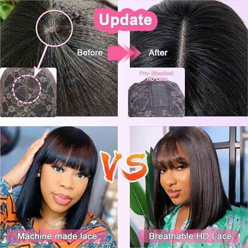 Lusina Short Bob Wig Human Hair Glueless 2x4 HD Lace Colsure Wigs, Ready to Go Wigs For Women Beginner Friendly (Black, 14 Inch)