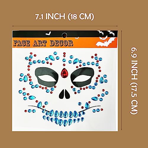 Face Jewels Temporary Face Tattoos, 6-Pack Day Of The Died Skull Festival Face Gems, Crystal Make up Eye Glitter Face Stickers for Halloween