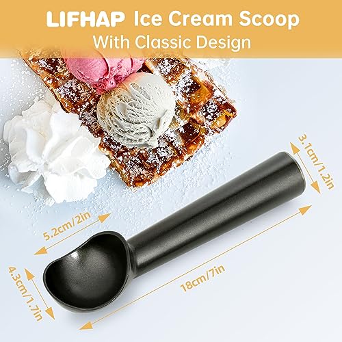 Ice Cream Scoop,7 inches Nonstick Anti-Freeze One Piece Aluminum Scooper Spoon, Heavy Duty Durable Design, Easy Clean, for Gelato, Cookie Dough, Sorbet, Almond (Black)