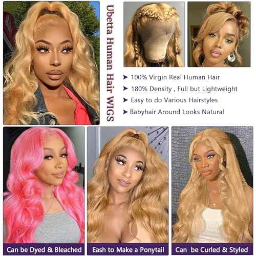 Honey Blonde Lace Front Wig Human Hair 27# Colored Blonde Wig Human Hair Lace Front Wigs Body Wave Glueless Wigs Human Hair Pre Plucked HD 13x4 Lace Frontal Wigs Human Hair 180% Density 24 Inch