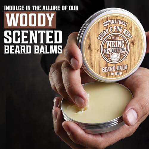 Viking Revolution 4 Beard Balm Variety Pack (1oz Each) - Sandalwood, Pine & Cedar, Bay Rum, Clary Sage - Styles, Strengthens and Softens Beards and Mustaches - Wax for Men (Pack of 2)