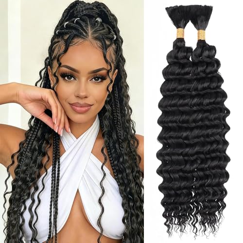AuokMar Deep Wave Human Braiding Hair B #1B / 24 Inch 2 Bundles, 110g, Brazilian Natural Color