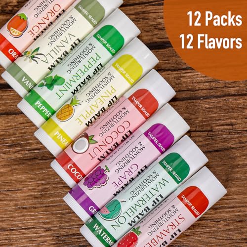 AZEN 12 Pack Lip Balm, Natural Lip Balm Bulk, Lip Care Product, Moisturizing Lip Balm for dry cracked lips - 12 Flavors