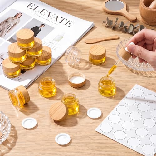 Layhit 48 Pack 5ml Glass Cosmetic Jars with Wood Grain Lids