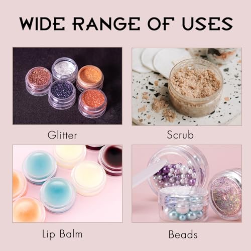 200 Count 3 Gram Sample Containers, Clear Lip Balm Containers with Lids, Small Plastic Sample Jars with 12 Mini Spoons, 200pcs Labels (Clear Lid)