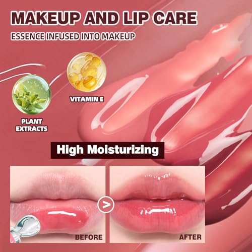 URQT Brightening Lip Serum, Hydrating Glossy Lip Oil with Metal Applicator, Plumping Moisturizing Lip Care Tint, Non-Sticky High Shine Lip Glow for Dry Lips (4PCS)