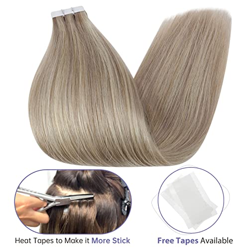 Full Shine Tape in Hair Extensions Human Hair 18inch Blonde Human Hair Tape in Extensions Remy Hair 18/22 Ash Blonde Highlight with Platinum Blonde Invisible Hair Extensions Tape in 20Pcs 50Grams