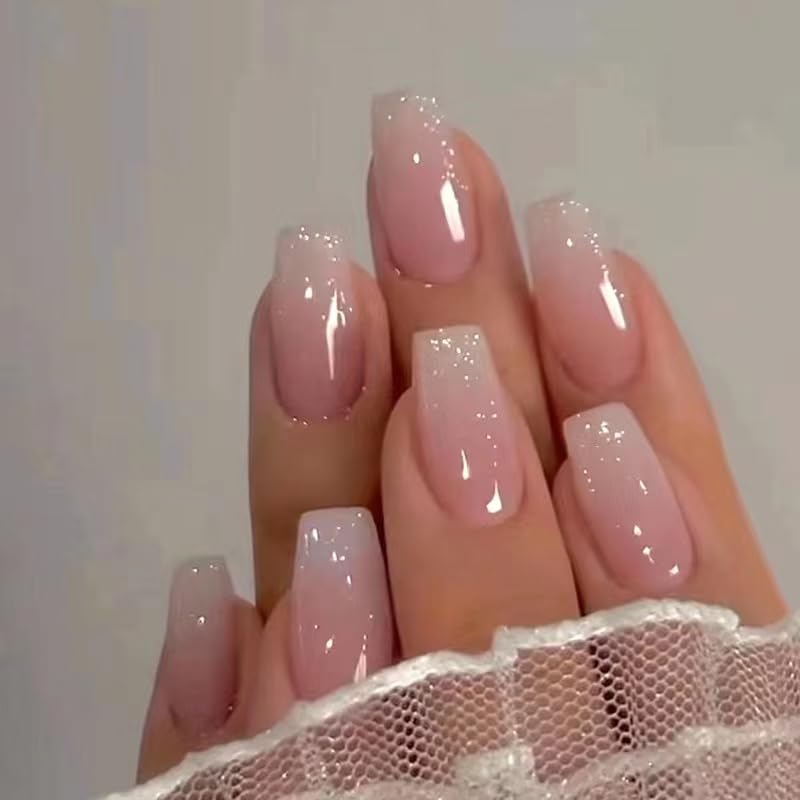 Magrace Press on Nails Medium Nude Fake Nails French Tips Full Cover Square False Nails with Designs 24 Pcs Stick on Nails for Women and Girls (A-1)