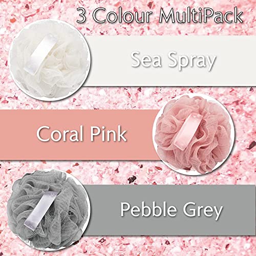 Temple Spring Shower Loofahs 3 Pack - Natural Recycled Shower Puffs for Body Set for Men and Women - Loofah Exfoliating Body Scrubber, Bath Poufs or Shower Scrunchie - Coral Pink