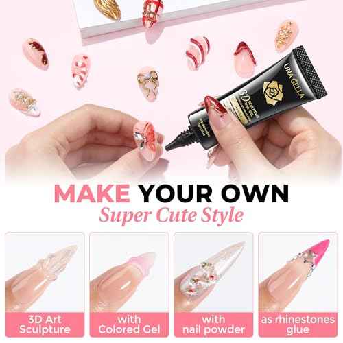 UNA GELLA 3D Gel Nail Art, 2Pcs 15g Clear No Wipe Sculpting Gel Polish for Nail Tips, Drawing, Molding, Chrome Powder, Carving & Decoration, Rhinestones, Charms and Gems, DIY Christmas Art Designs