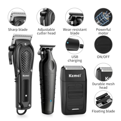 KEMEI 3-in-1 Cordless Hair Clippers Beard Trimmer Foil Shaver Set