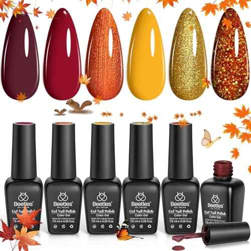 beetles Gel Polish Set Fall Gel Nail Polish 6 Colors Burgundy Brown Yellow Glitter Orange Gold Nail Polish UV LED Nail Lamp Home DIY Manicure Nail Art Gift for Women Golden Blessing