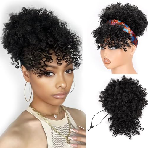 Drawstring Afro Puff Ponytail with Bangs - 1B Black