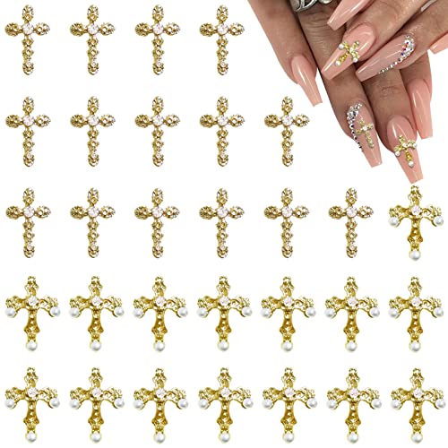 3D Cross Nail Charms, 30pcs Cross Nail Decorations for Nail Art, Pearl Gems Diamond Nail Decor, Gold Nail Charm Metal Alloy Crystal Rhinestones Nail Studs for Women Girl DIY Jewelry Cellphone Crafts