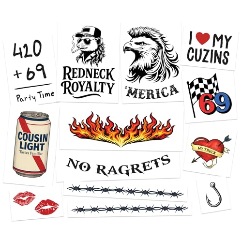 Mens White Trash Temporary Tattoos - 13 Pack Costume Kit