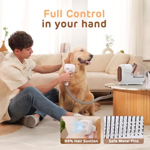 HEAPETS White Pet Hair Grooming Vacuum Kit with 7 Tools, 3L Capacity, Low Noise