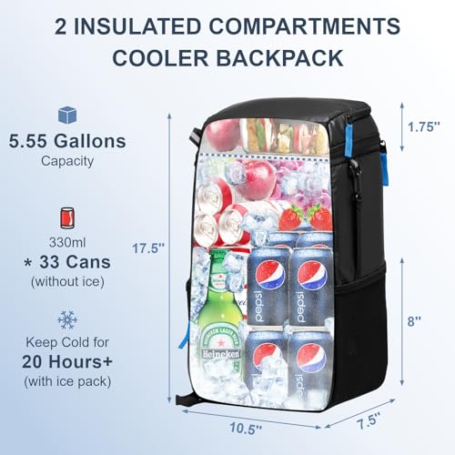 SPARTER Backpack Cooler Insulated Leak Proof 30 Cans, 2 Insulated Compartments Thermal Bag, Portable Lightweight Beach Travel Camping Lunch Backpack for Men and Women