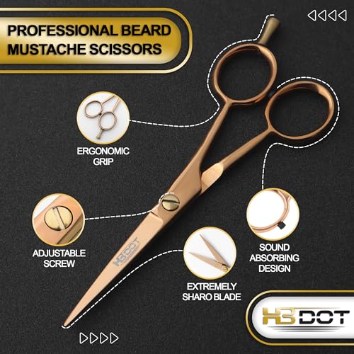 5" Professional Mustache & Beard Scissors, German Stainless Steel Mustache Scissors, Durable Mustache Scissors for Men with Carrying Pouch, 1 Beard Comb and 1 Mustache Comb (Jet Black)