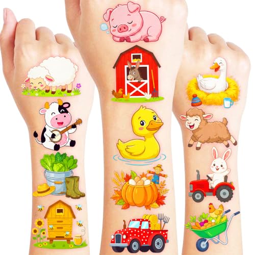 96 Farm Temporary Tattoos for Kids - Pre-Cut Barnyard