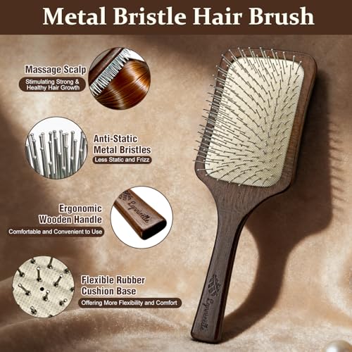 Wooden Scalp Massager Brush with Metal Bristles for Hair Growth