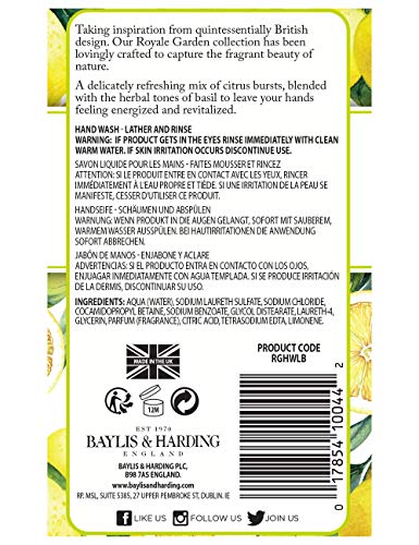 Baylis & Harding Liquid Hand Soap Wash with Dispenser, Royale Garden, Lemon & Basil, 16.9oz/500ml (6-Pack)