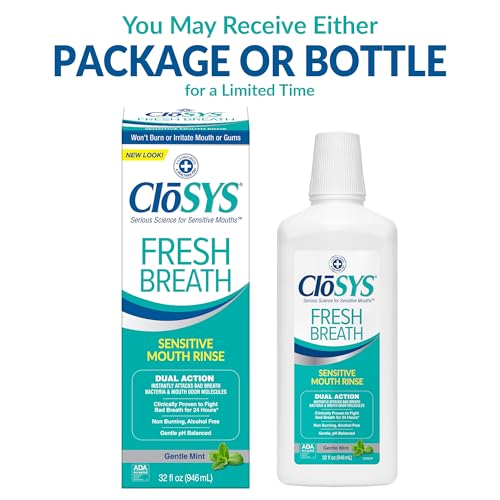 CloSYS Fresh Breath Sensitive Mouthwash, Gentle Mint, Alcohol Free, Dye Free, pH Balanced, Helps Soothe Entire Mouth, Fights Bad Breath - 32 Oz (Pack of 3)