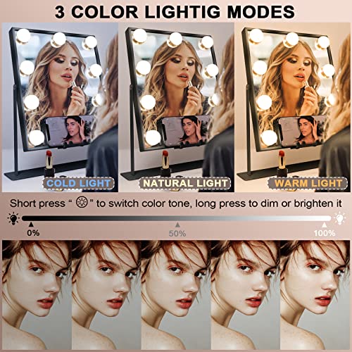 Hansong Lighted Black Vanity Mirror with Music Speaker and Wireless Charging Makeup Mirror with Lights 9 Dimmable Bulbs Lighted Hollywood Makeup Mirror 3 Color Lighting Tabletop