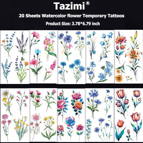 Tazimi 20 Sheets 3D Watercolor Floral Temporary Tattoos for Women