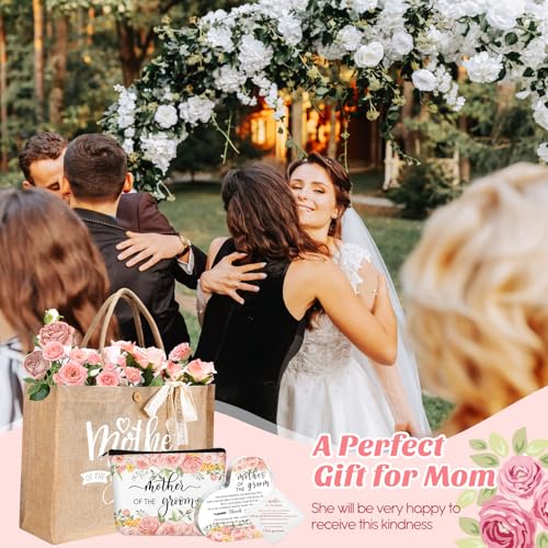 Hushee 2 Set Mother of Bride and Groom Gifts Set Includes Handbag Canvas Makeup Bag Acrylic Heart Decoration Wedding Handkerchief for Mom Mother in Law Bridal (Flower)