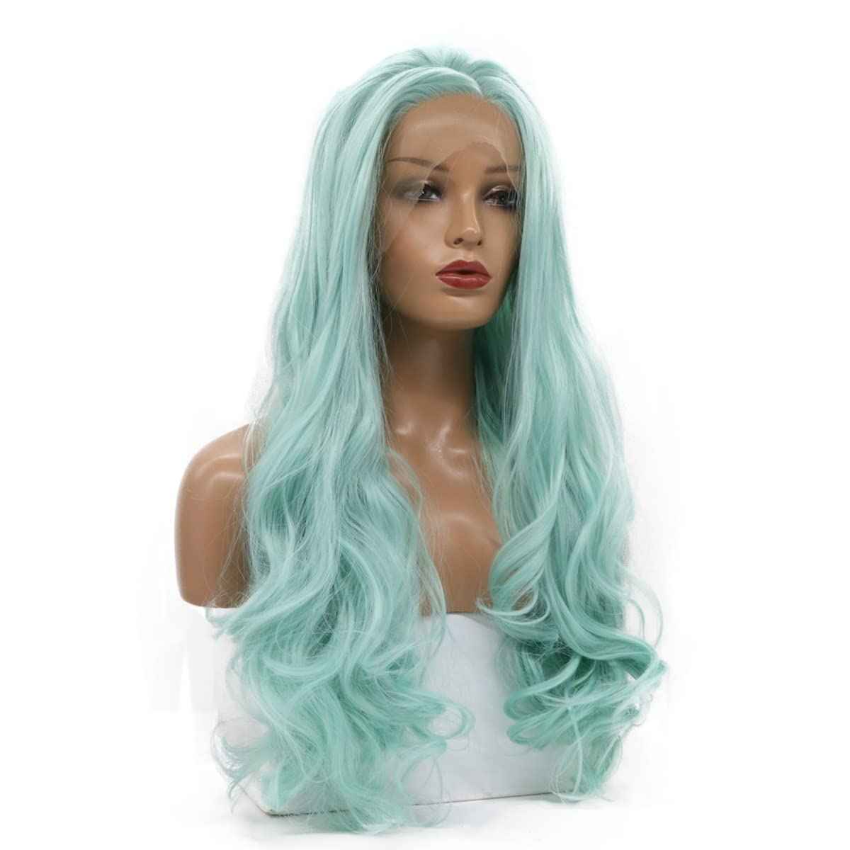 karissa Hair Green Wig Long Wavy Mint Lace Front Wigs Pastel Light Blue Synthetic Realistic Pre Plucked Hairline Glueless Heat Resistant Fiber Replacement Halloween Costume Cosplay Party 24 Inches